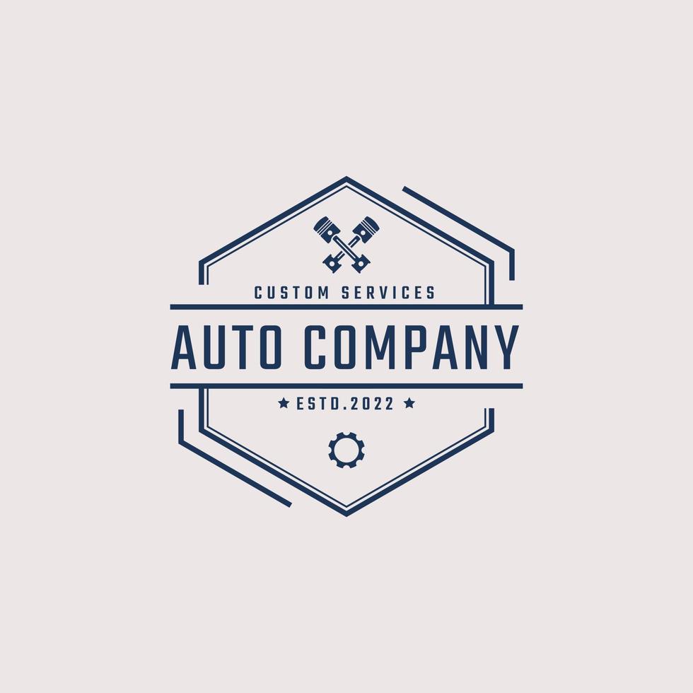 emblème de badge rétro vintage logo de service automatique de voiture avec style linéaire de conception de silhouette de pistons vecteur