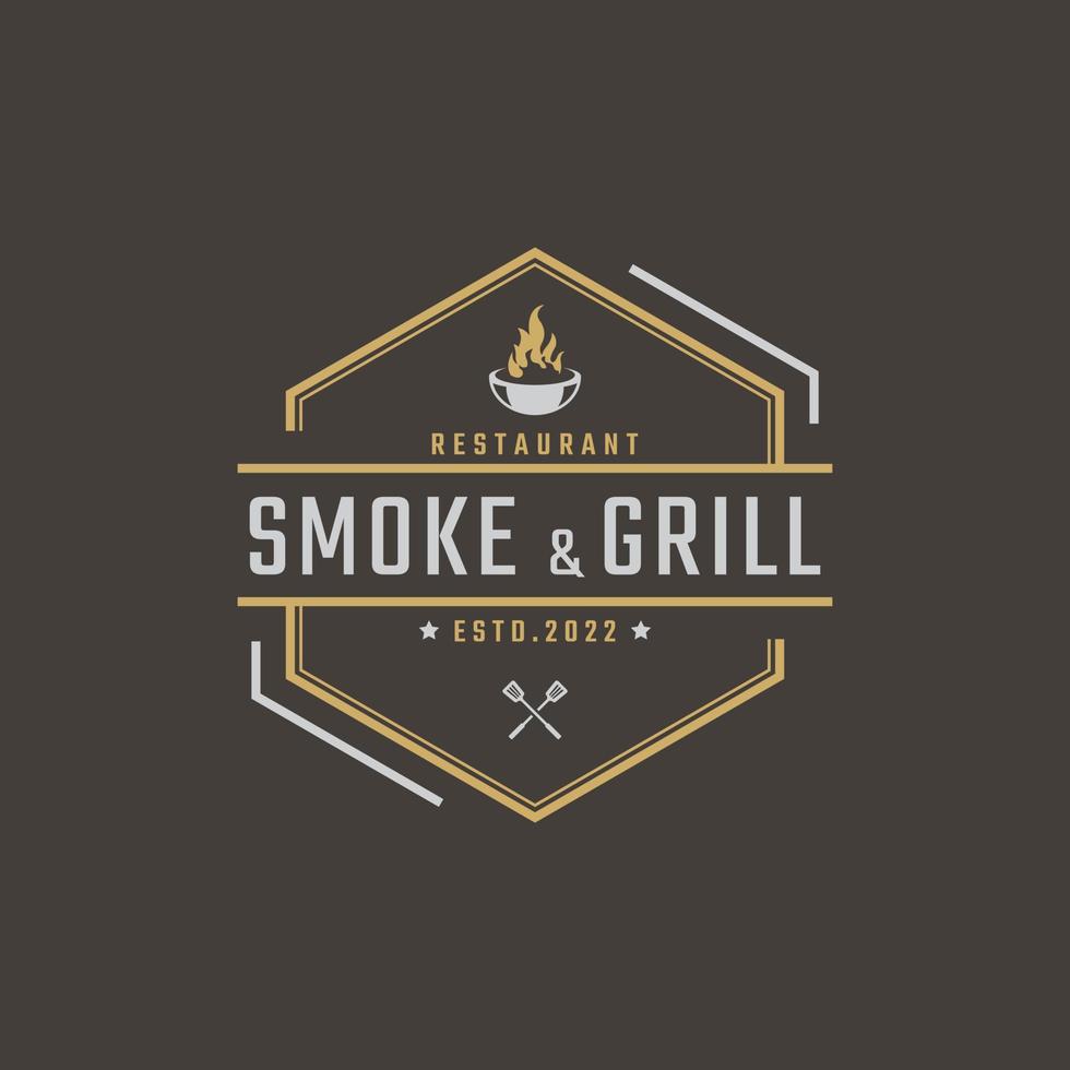 insigne rétro vintage emblème grill barbecue barbecue feu flamme logo design style linéaire vecteur