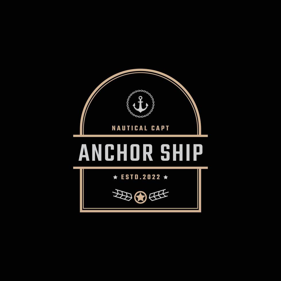 emblème de badge rétro vintage ancre navire bateau logo design style linéaire sur fond noir vecteur