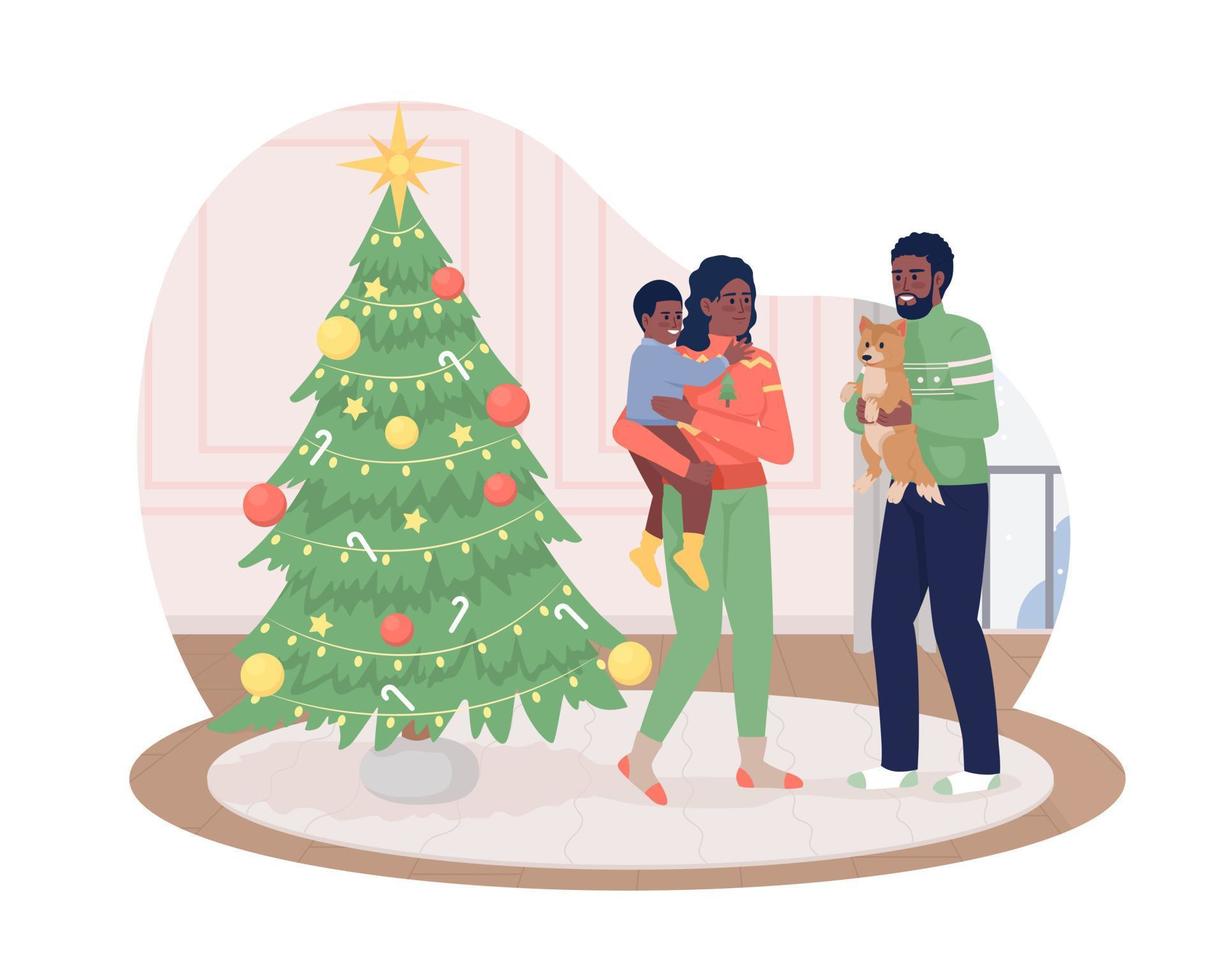 famille sur l'illustration isolée de vecteur de noël 2d. personnages plats de célébration traditionnelle sur fond de dessin animé. scène modifiable colorée de maison confortable pour mobile, site Web, présentation