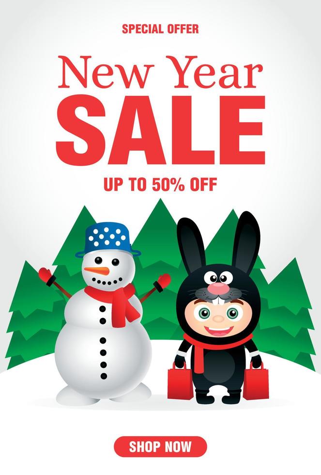 affiche de vente du nouvel an avec bonhomme de neige drôle et enfant en lapin de costume de noël. conception de bannière de vente du nouvel an avec 50 de réduction vecteur