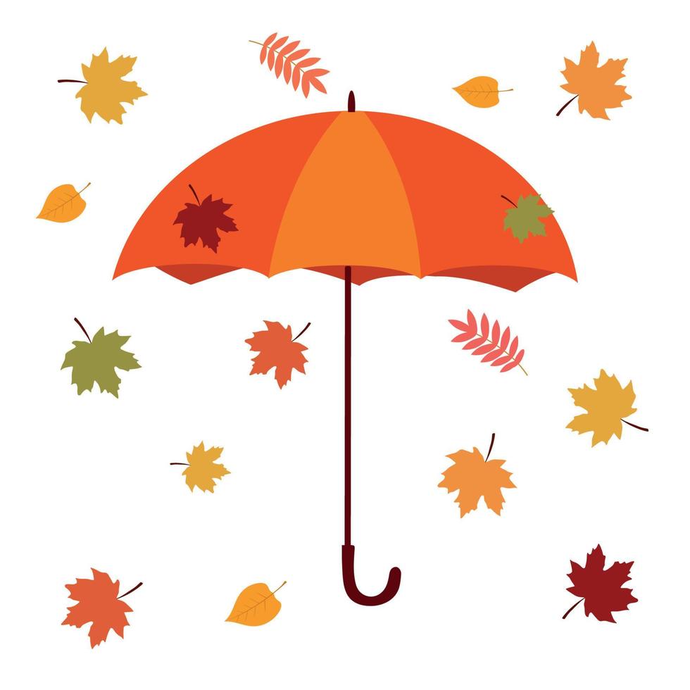 parapluie et chute de feuilles d'érable d'automne colorées. illustration vectorielle isolée sur fond blanc. vecteur