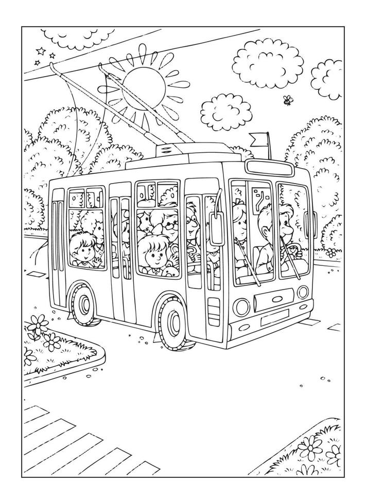 joyeux bus avec la nature et la ville à colorier pour les enfants vecteur