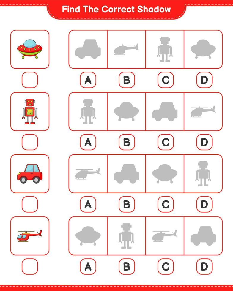 trouver la bonne ombre. trouvez et faites correspondre l'ombre correcte de l'hélicoptère, de l'ovni, du personnage de robot et de la voiture. jeu éducatif pour enfants, feuille de calcul imprimable, illustration vectorielle vecteur