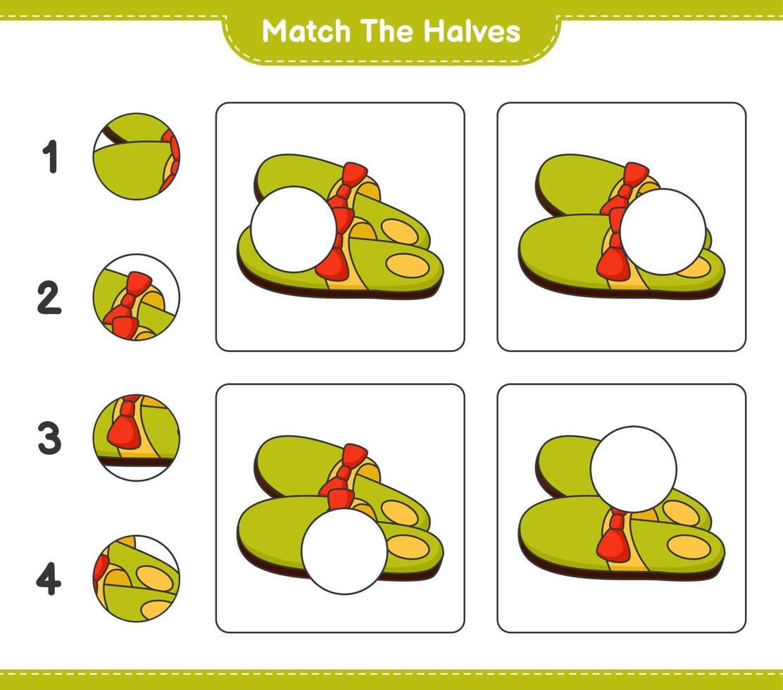 faire correspondre les moitiés. assortir les moitiés de pantoufles. jeu éducatif pour enfants, feuille de calcul imprimable, illustration vectorielle vecteur