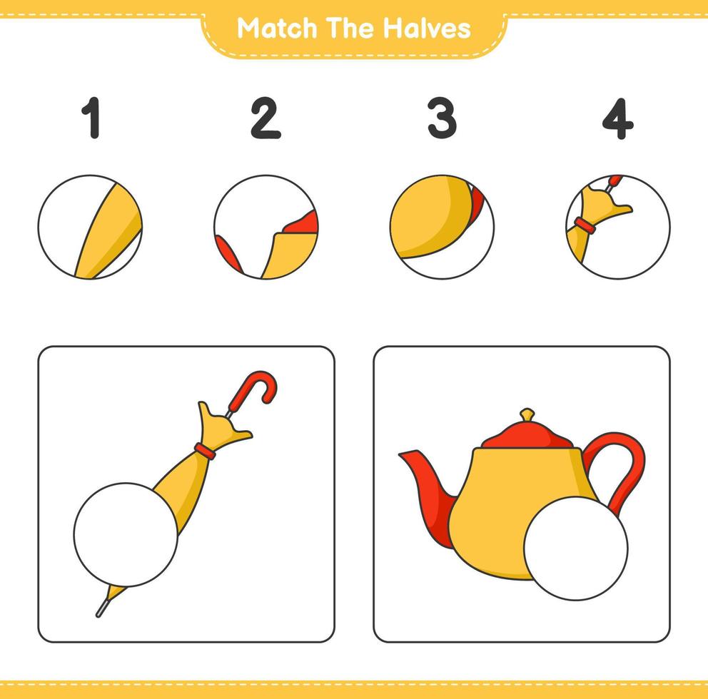 faire correspondre les moitiés. associez les moitiés de la théière et du parapluie. jeu éducatif pour enfants, feuille de calcul imprimable, illustration vectorielle vecteur