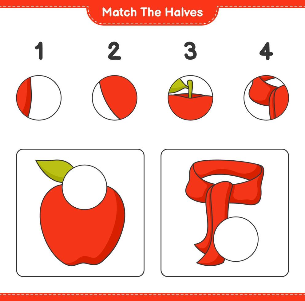 faire correspondre les moitiés. associez les moitiés de pomme et l'écharpe. jeu éducatif pour enfants, feuille de calcul imprimable, illustration vectorielle vecteur