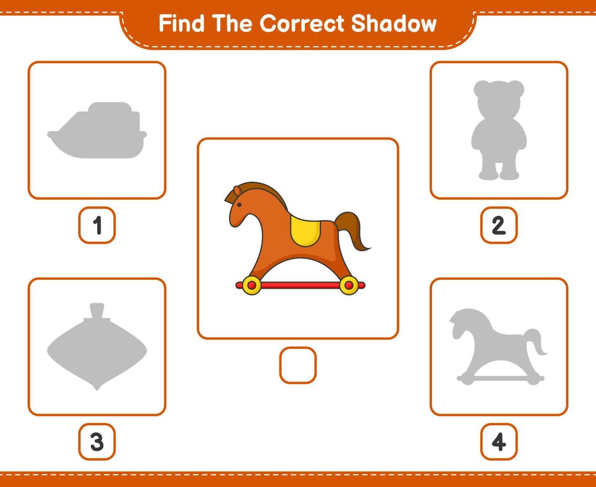 trouver la bonne ombre. trouver et faire correspondre l'ombre correcte du cheval à bascule. jeu éducatif pour enfants, feuille de calcul imprimable, illustration vectorielle vecteur