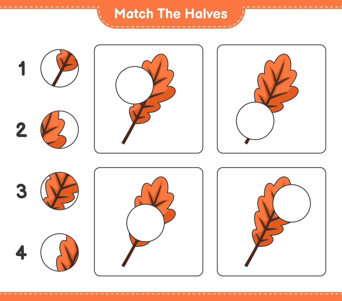 faire correspondre les moitiés. faire correspondre les moitiés de feuille de chêne. jeu éducatif pour enfants, feuille de calcul imprimable, illustration vectorielle vecteur