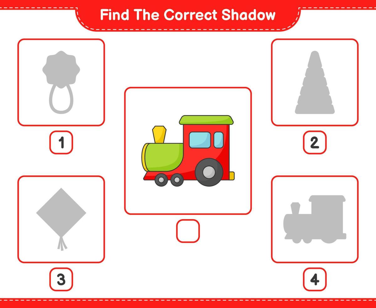 trouver la bonne ombre. trouver et faire correspondre l'ombre correcte du train. jeu éducatif pour enfants, feuille de calcul imprimable, illustration vectorielle vecteur