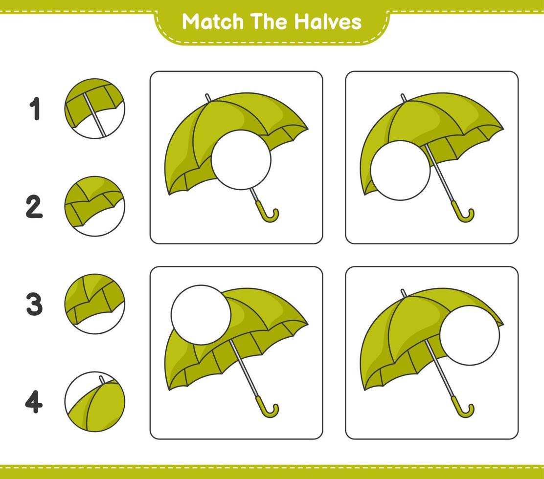 faire correspondre les moitiés. faire correspondre les moitiés du parapluie. jeu éducatif pour enfants, feuille de calcul imprimable, illustration vectorielle vecteur