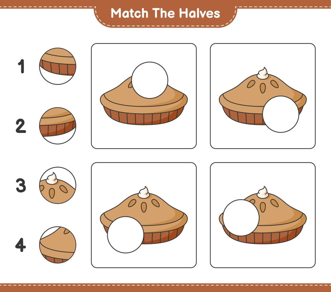 faire correspondre les moitiés. assortir les moitiés de tarte. jeu éducatif pour enfants, feuille de calcul imprimable, illustration vectorielle vecteur