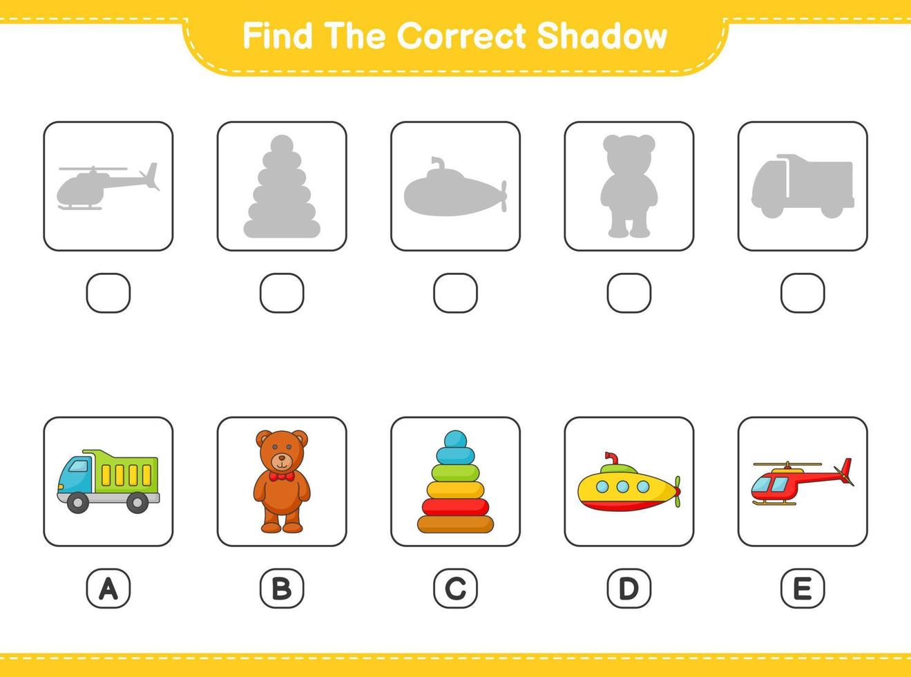 trouver la bonne ombre. trouvez et associez l'ombre correcte de l'hélicoptère, du camion, du jouet pyramidal, du sous-marin et de l'ours en peluche. jeu éducatif pour enfants, feuille de calcul imprimable, illustration vectorielle vecteur