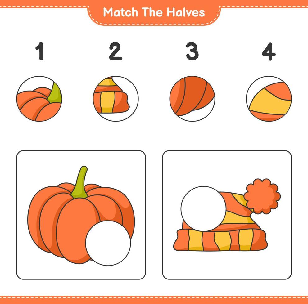 faire correspondre les moitiés. associez les moitiés de citrouille et le chapeau. jeu éducatif pour enfants, feuille de calcul imprimable, illustration vectorielle vecteur