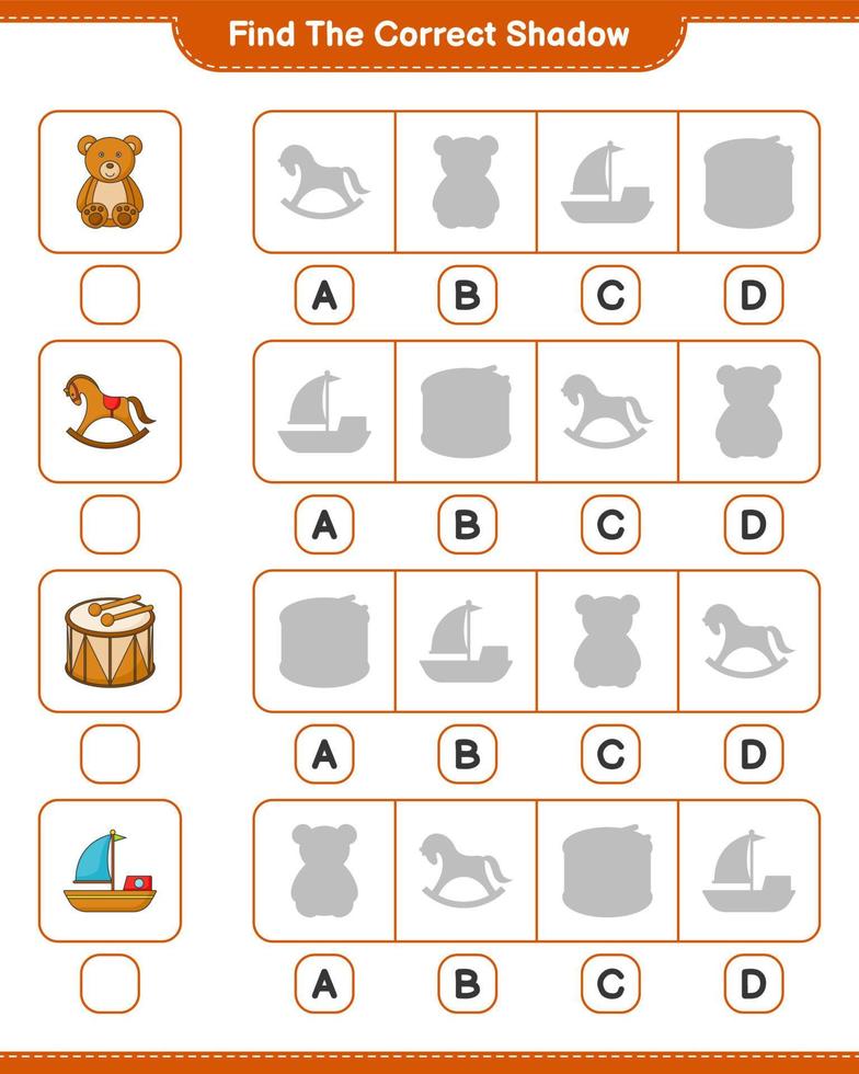 trouver la bonne ombre. trouvez et associez l'ombre correcte du bateau, du tambour, de l'ours en peluche et du cheval à bascule. jeu éducatif pour enfants, feuille de calcul imprimable, illustration vectorielle vecteur