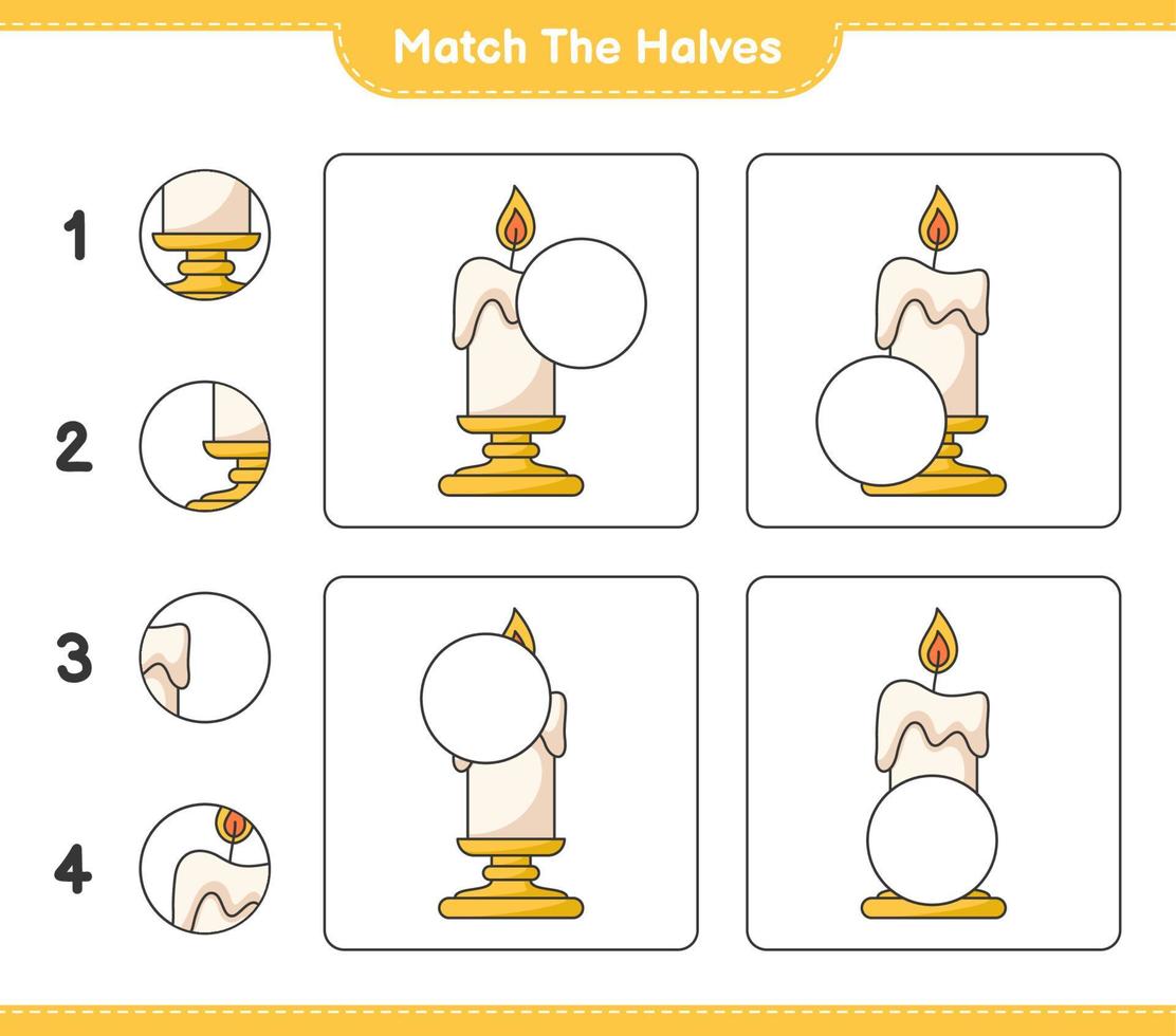 faire correspondre les moitiés. faire correspondre les moitiés de bougie. jeu éducatif pour enfants, feuille de calcul imprimable, illustration vectorielle vecteur