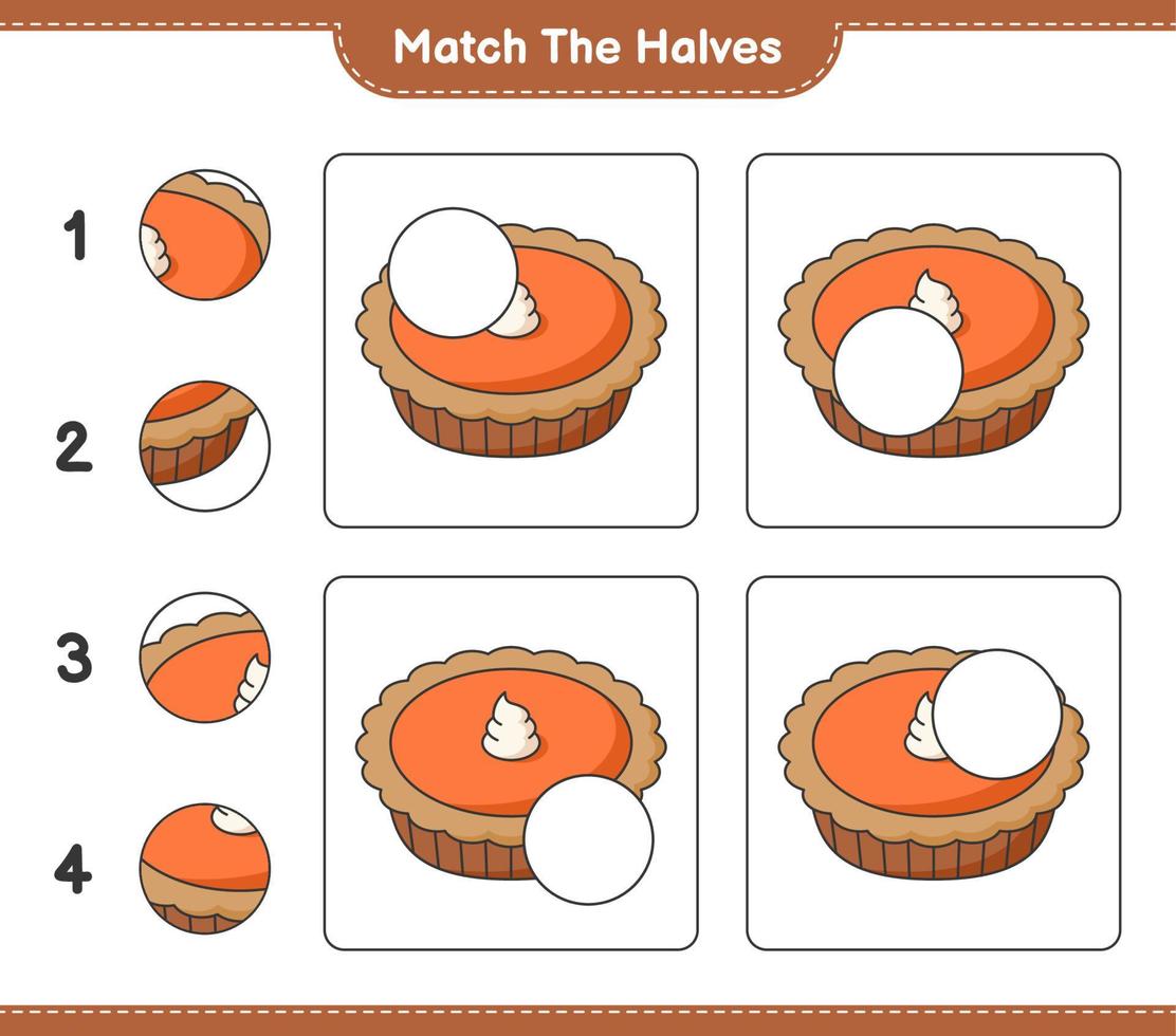 faire correspondre les moitiés. assortir les moitiés de tarte. jeu éducatif pour enfants, feuille de calcul imprimable, illustration vectorielle vecteur