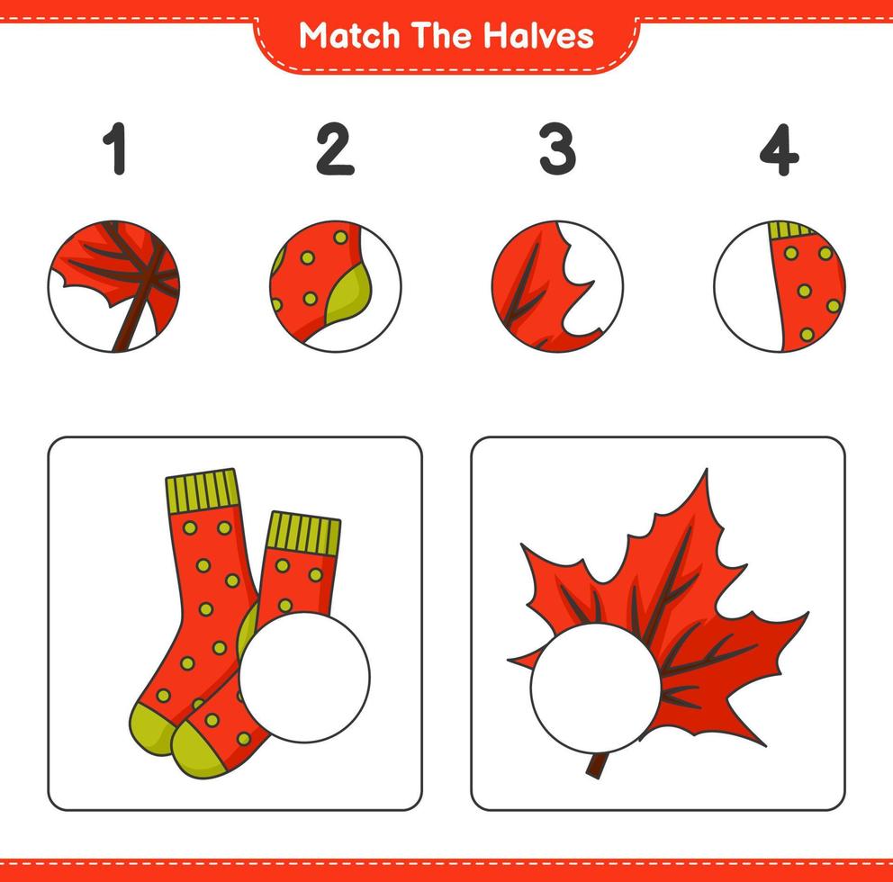 faire correspondre les moitiés. assortir les moitiés de chaussettes et la feuille d'érable. jeu éducatif pour enfants, feuille de calcul imprimable, illustration vectorielle vecteur