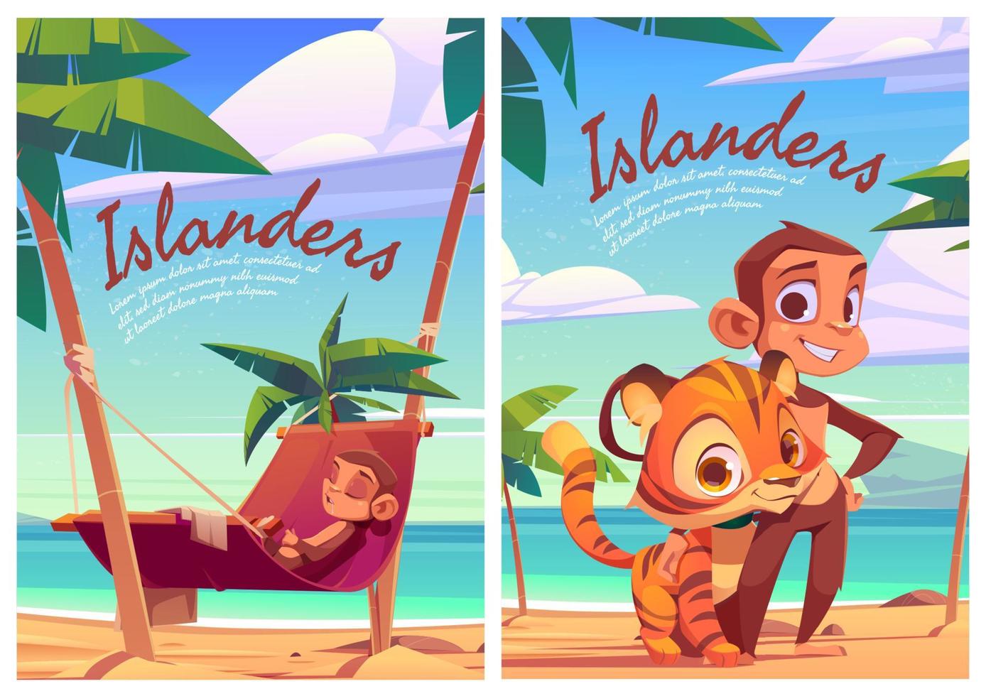 affiche de dessin animé des insulaires avec singe et petit tigre vecteur