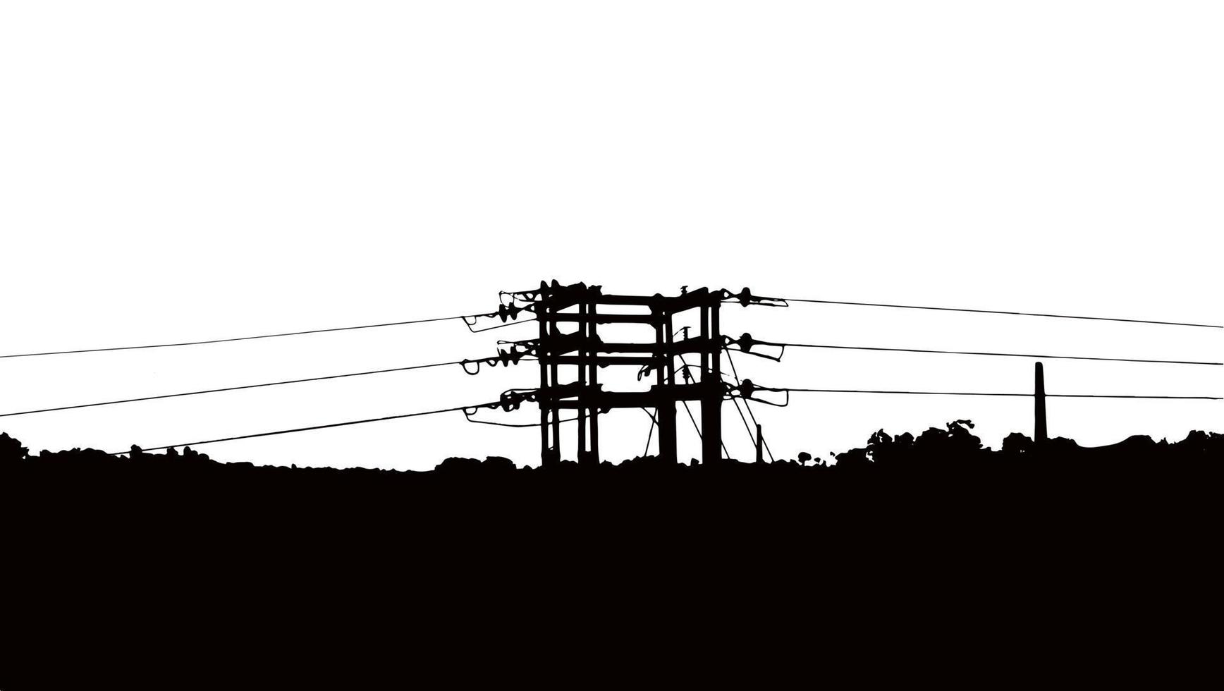 silhouette de poteau électrique. illustration vectorielle de transmission de tension. lignes électriques à haute tension du côté de la forêt, paysage naturel. vecteur