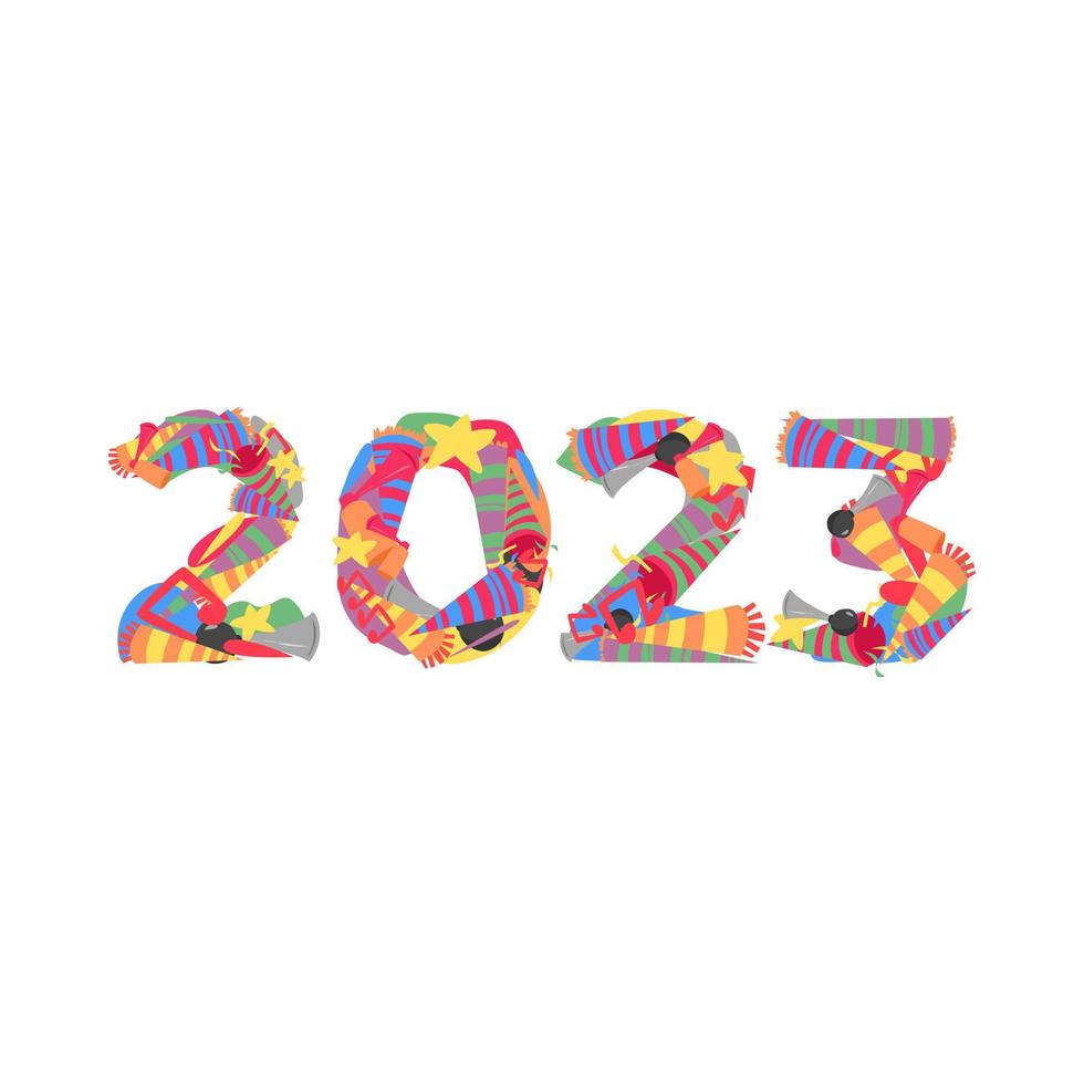 typographie de police 2023 réalisée à partir d'un pack d'icônes de trompettes, de cors, etc. collage de doodle. concept de nouvel an pour modèle, carte de voeux, impression, autocollant, etc. vecteur