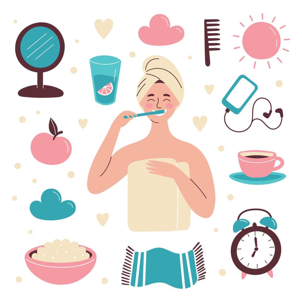 ensemble d'éléments de routine du matin dessinés à la main. la femme se brosse les dents. petit-déjeuner, fitness du matin, planification quotidienne. illustration vectorielle isolée vecteur