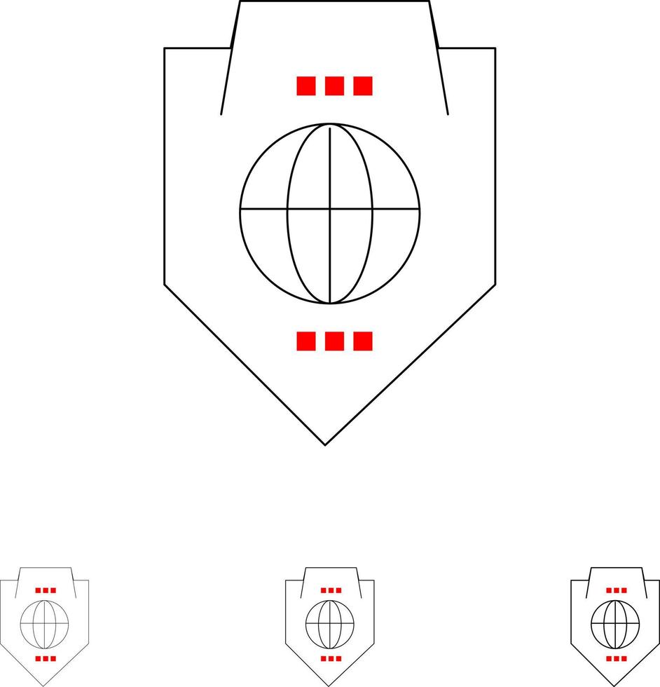 accéder au monde protection globe bouclier gras et mince ligne noire jeu d'icônes vecteur