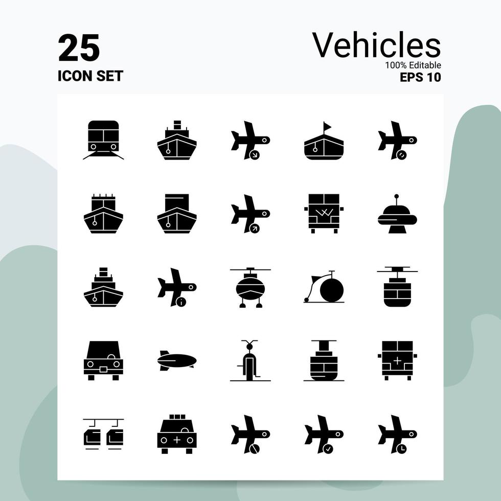 25 véhicules jeu d'icônes 100 eps modifiables 10 fichiers idées de concept de logo d'entreprise conception d'icône de glyphe solide vecteur