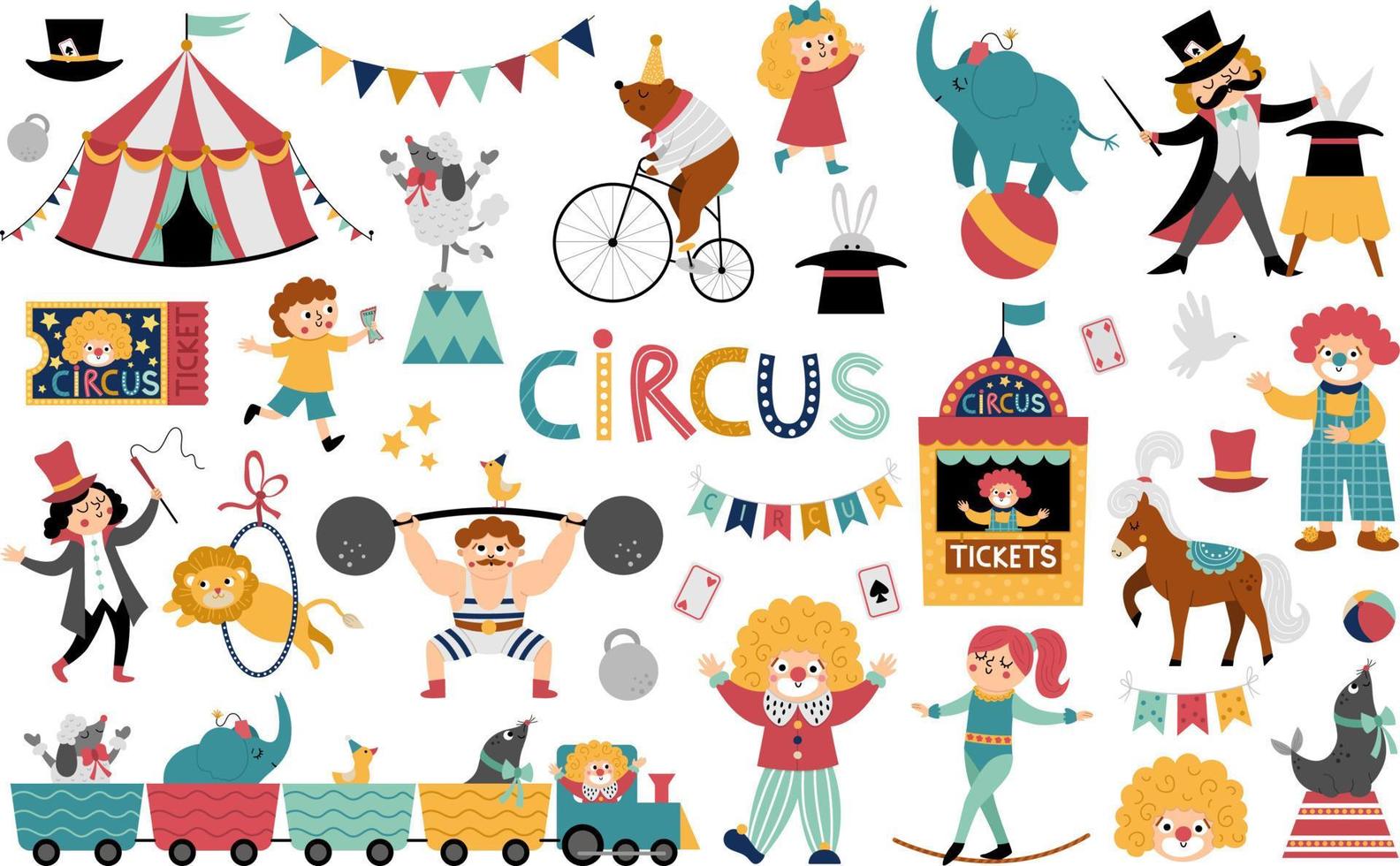 grand jeu de cirque vectoriel. animaux de spectacle de rue, tente, collection d'artistes. pack d'icônes de vacances d'amusement. ours à vélo, clown, gymnaste, athlète, clipart magicien. éléments de festival drôles mignons vecteur