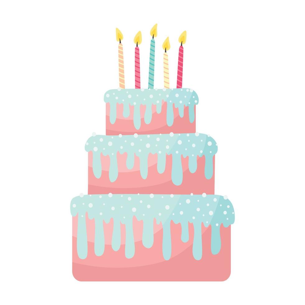 doodle clipart plat. mignon gâteau d'anniversaire sucré avec des bougies. tous les objets sont repeints. vecteur