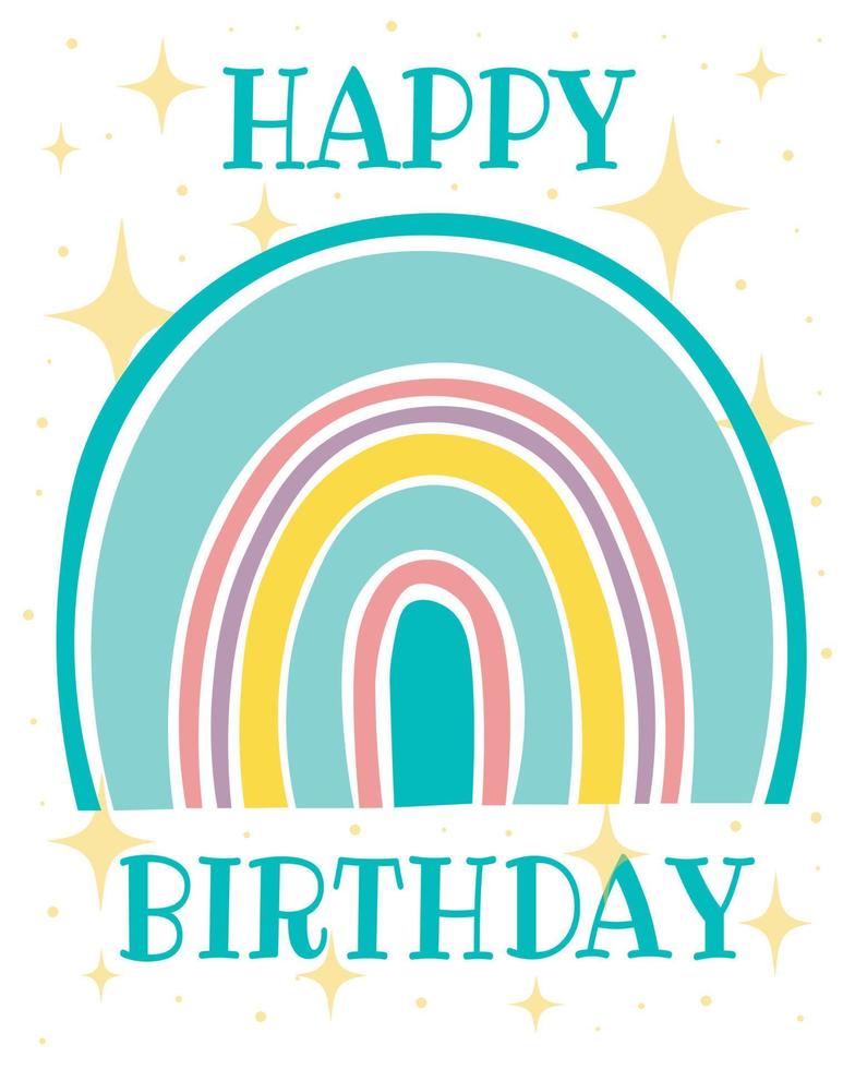 doodle clipart plat. carte d'anniversaire arc-en-ciel. tous les objets sont repeints. vecteur