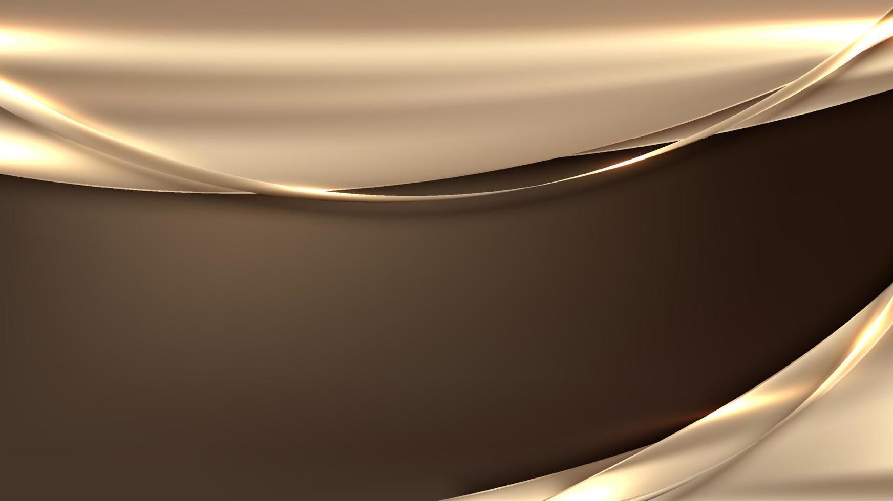 Conception de modèle web de bannière de luxe moderne 3d formes d'ondes dorées et lignes dorées avec des étincelles légères sur fond marron vecteur
