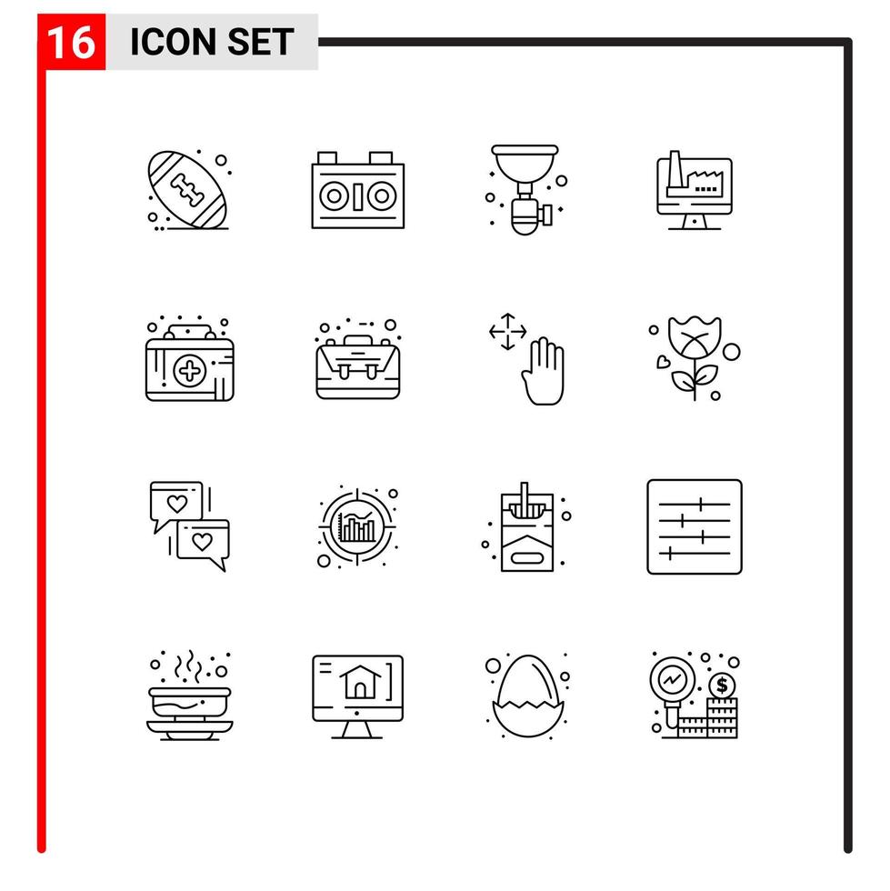 ensemble de 16 symboles universels d'éléments de conception vectoriels modifiables par ordinateur de moniteur de plombier d'usine de soins de santé vecteur