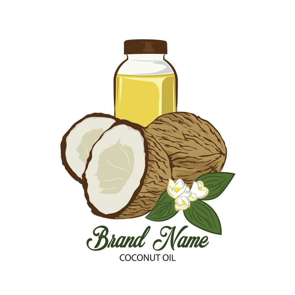 huile de noix de coco avec illustration vectorielle de bouteille, parfaite pour l'autocollant de produit d'huile de bronzage de noix de coco et la conception d'étiquettes vecteur