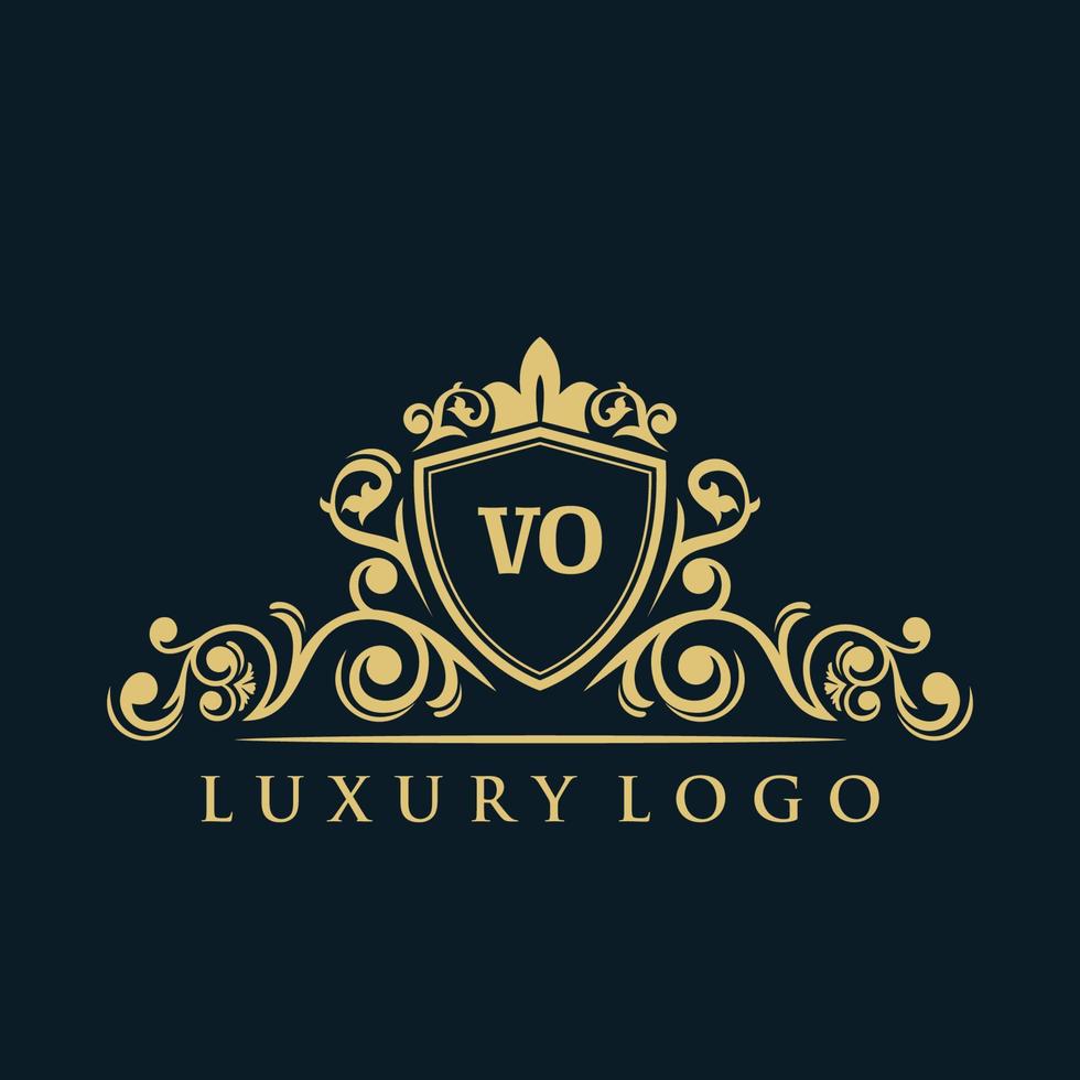 logo lettre vo avec bouclier d'or de luxe. modèle vectoriel de logo d'élégance.