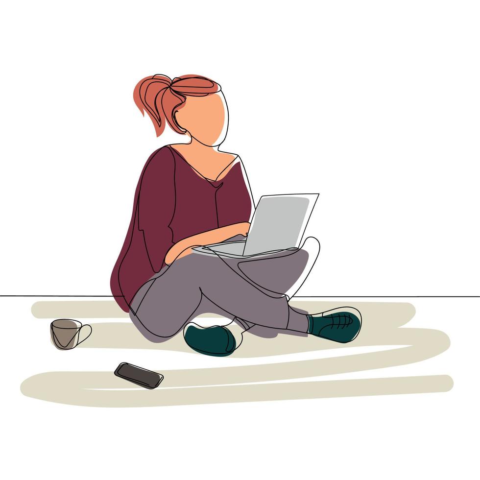 jeune femme indépendante ou étudiante utilisant un ordinateur portable tout en étant assise sur le sol dessin d'art en ligne minimal. indépendant travaillant à domicile. dessinés à la main dans un style de ligne mince, illustration vectorielle vecteur