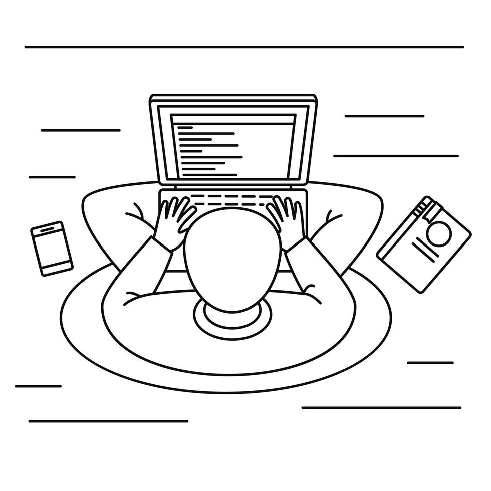 jeune homme concept de travail à distance arrière-plan, style de contour vecteur