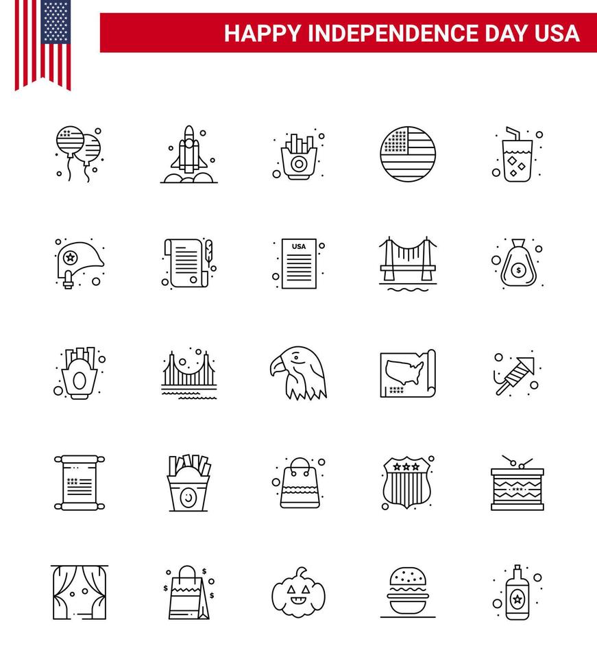 25 signes de ligne usa symboles de célébration de la fête de l'indépendance de l'alcool thanksgiving usa flag chips modifiables usa day vector design elements