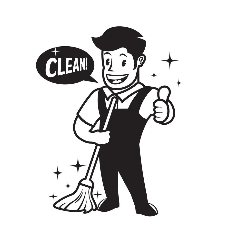 mascotte de personnage de travailleur de service de nettoyage dans un style rétro, bon pour le logo d'entreprise de service de nettoyage vecteur