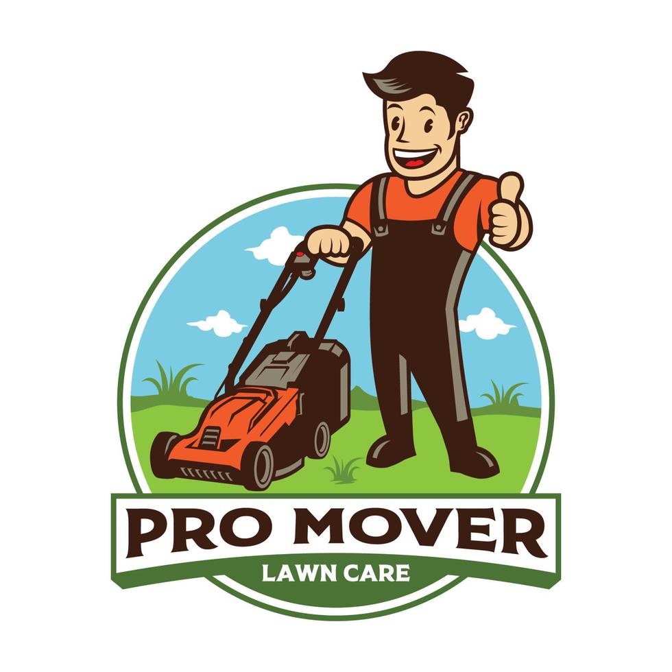 illustration vectorielle de travailleur de tondeuse à gazon dans un logo de style rétro, parfait pour la conception et la mascotte du logo de l'entreprise d'entretien des pelouses vecteur