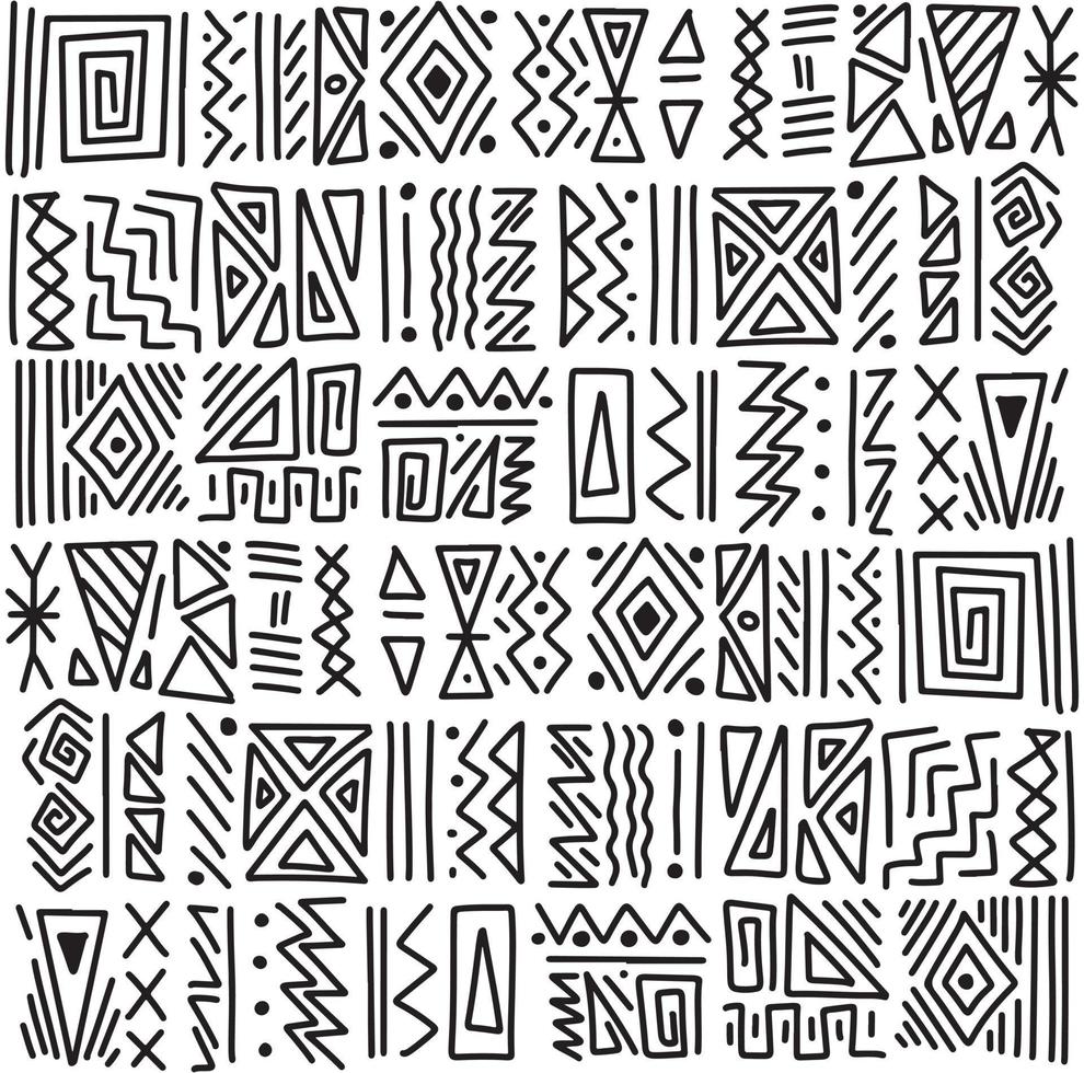 affrontement tribal ethnique africain ornement sans soudure de fond. motif de symboles dessinés à la main en noir et blanc. fond d'écran vectoriel, texture, conception d'impression vecteur