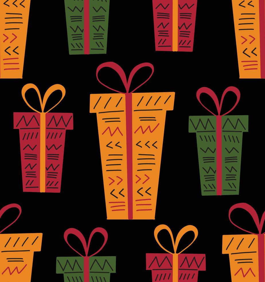 fond harmonieux de kwanzaa dans un style simple dessiné à la main avec des coffrets cadeaux décorés de ruban, arc, papier avec ornements ethniques tribaux - lignes, triangles. kwanzaa présente le vecteur mignon zawadi