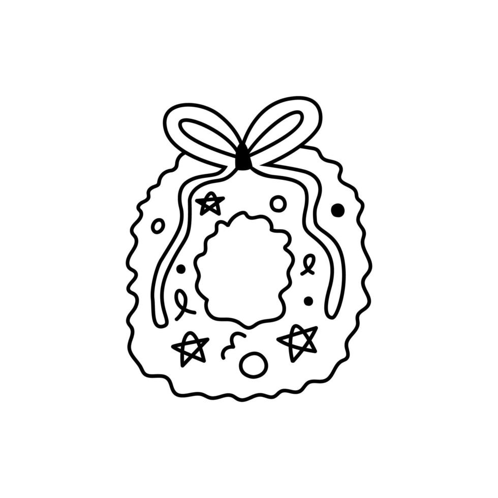 guirlande de noël doodle clipart 2023. couronne mignonne avec arc et décorations dessin au trait isolé sur fond blanc. Bonne année et joyeux Noël. illustration vectorielle de contour dessiné à la main. vecteur