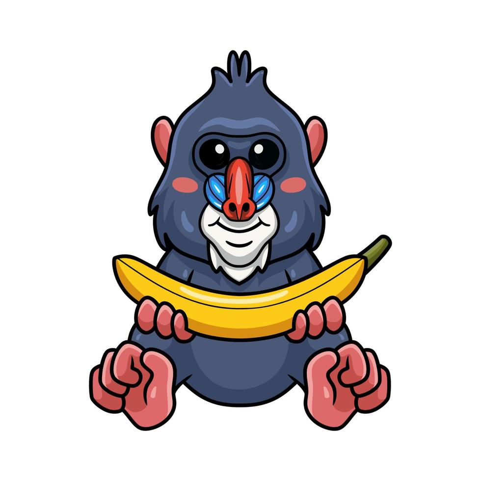 mignon petit dessin animé de mandrill tenant une banane vecteur