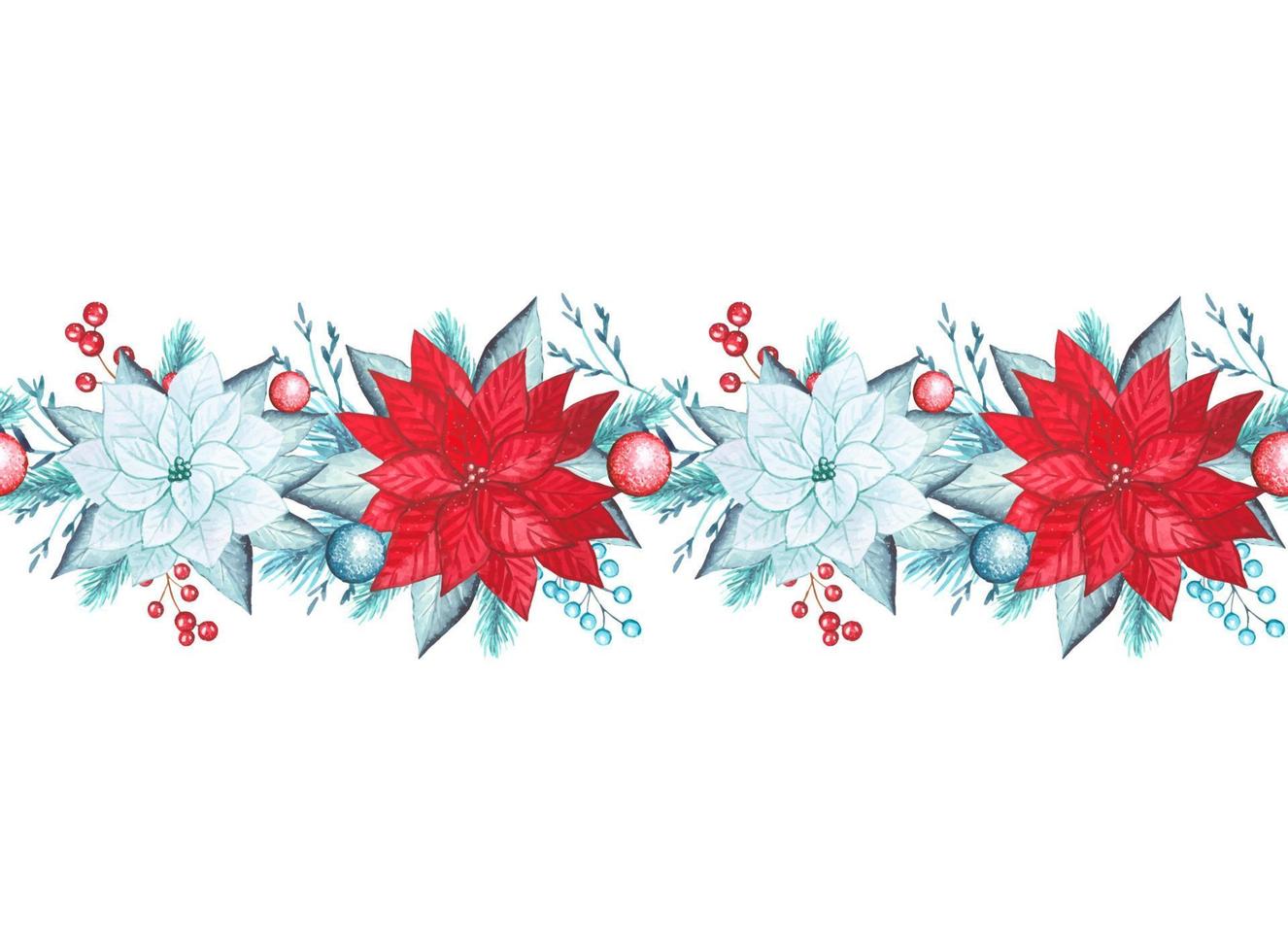 bordure transparente aquarelle avec, poinsettia, jouets d'arbre, baies vecteur