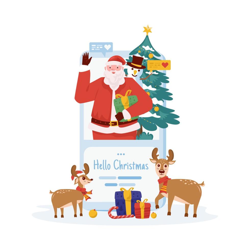 joyeux noël avec le père noël salutations en ligne illustration plate vecteur