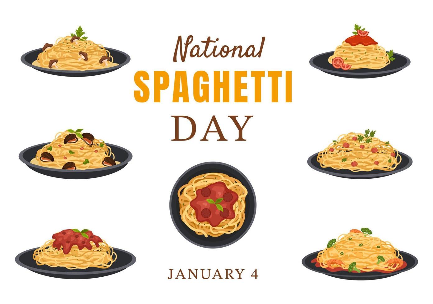 journée nationale des spaghettis le 4 janvier avec une assiette de nouilles italiennes ou de pâtes différents plats dans une illustration de modèle dessiné à la main de dessin animé plat vecteur