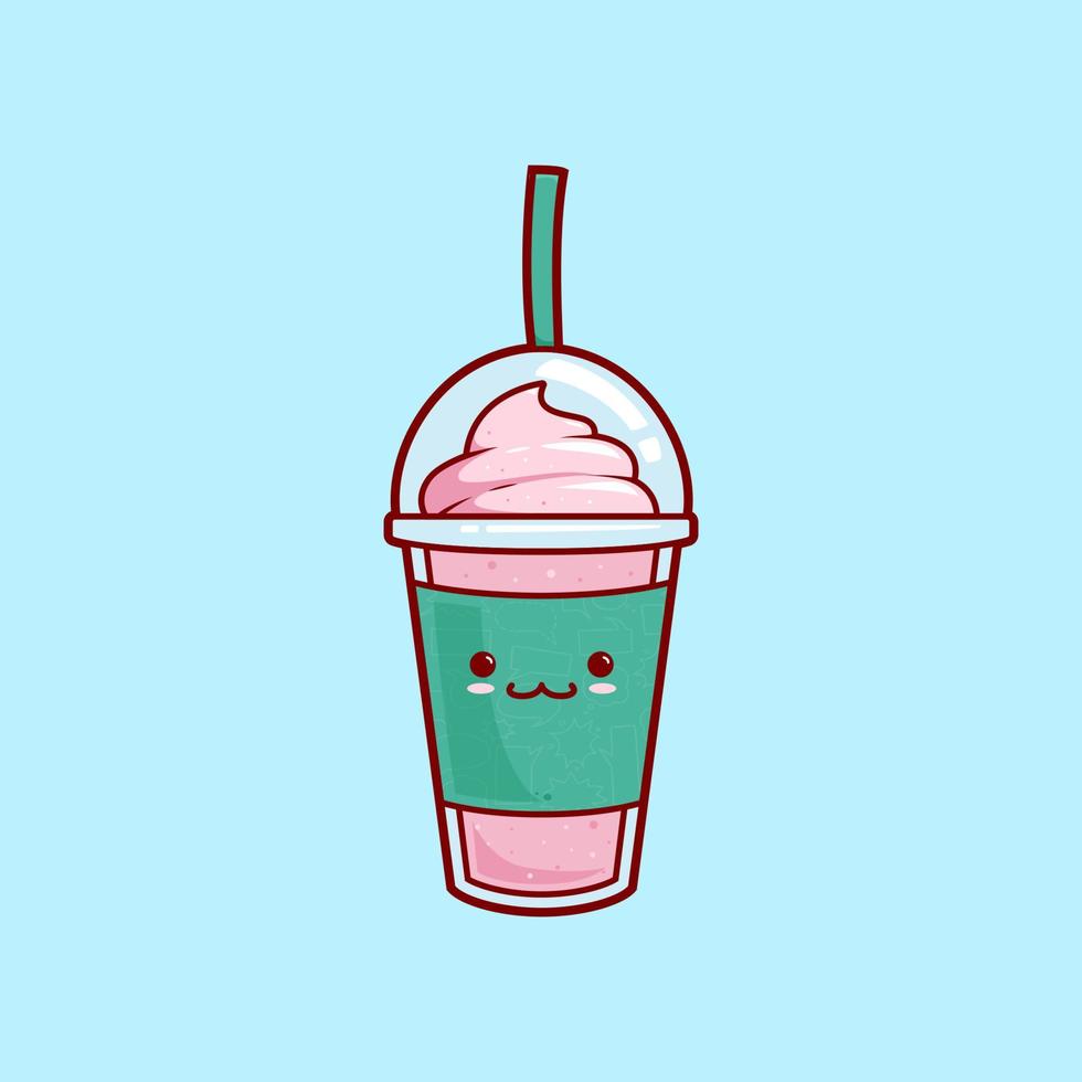 kawaii mignon smoothies aux fraises jus de milkshake avec crème glacée garniture illustration vecteur personnage de dessin animé