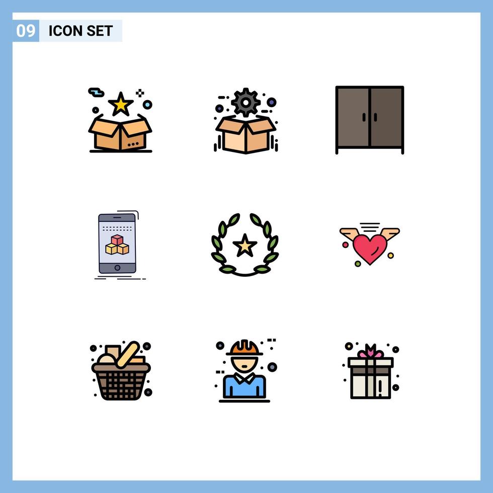 interface mobile filledline couleur plate ensemble de 9 pictogrammes de paquet de smartphone de cinéma cube garde-robe éléments de conception vectoriels modifiables vecteur