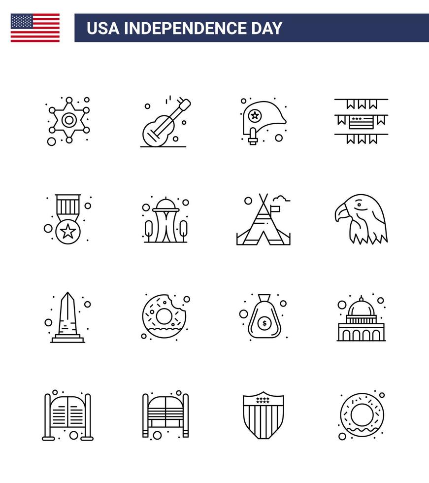 groupe de 16 lignes définies pour le jour de l'indépendance des états-unis d'amérique, telles que la tête de la médaille des bruants américains modifiables usa day vector design elements